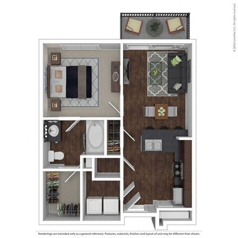 Floor plan for 1 bed, 1 bath, 602 sqft